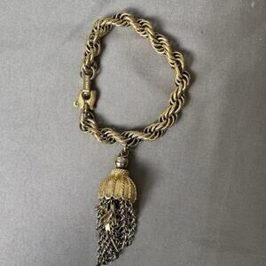 Vintage Signed Monet Gold Tone Rope Chain Bracelet with Tassel Pendant